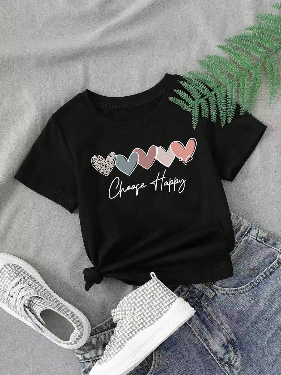 Girls' Casual Heart Print Round Neck Short Sleeve T-Shirt, Summer - Black - View 1