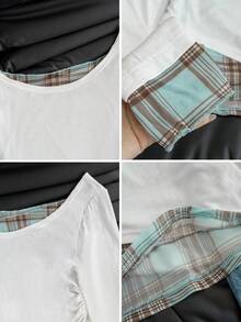 女士休闲白色长袖T恤，春夏新款，独特格子拼接不对称肩部设计 - 白色 - 查看 10