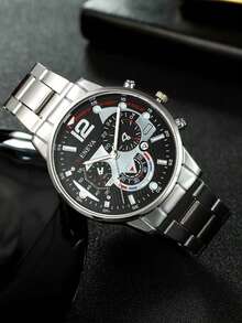 3pcs Luxury Men's Silver Watch Set, Including Silver Stainless Steel Metal Band Multi-Function Black Dial Quartz Watch, Cross Long Chain Necklace, And Black PU Leather Wallet - Silver - View 4