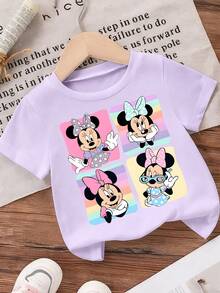 Disney Light Purple Background Minnie Mouse Polka Dot Bow Print Kids' Short Sleeve T-Shirt - Playful And Cute Casual Top - 淡紫色 - 查看 3