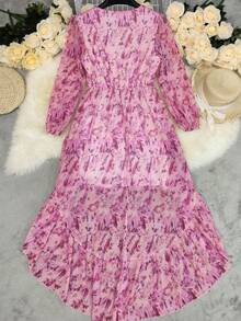 Women's Vintage Blue Ruffle Hem Dress - Long Sleeves V-Neck, Asymmetrical Detailing, Bohemian Dress Casual To Dressy, Bohemian Style, Bohemian Dress | Vintage Style Dress, Women's Evening Maxi Dress For Party, Dance, Concert, Holiday, Fashionable And Elegant Western Style - 西瓜粉 - 查看 4
