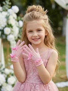 1 par de luvas infantis elásticas com estampa quadriculada e laço decorativo, tamanhos de 4 a 12 anos, rosa. - 1Pair - Ver 7