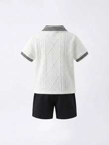 Set de 2 piezas de camiseta polo de manga corta con cuello en V y pantalones cortos con patrón geométrico bordado de caballo en contraste de color, estilo casual de vacaciones para niños, adecuado para uso diario, al aire libre, reuniones, primavera/verano - Blanco - Ver 7