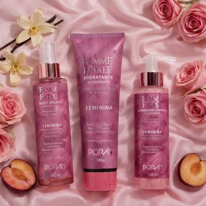 Kit Corporal Femme Fatale Feminina de Rosas e Ameixa Poran - Iluminador, Hidratante, Body Splash
