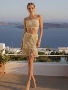 Conjunto Saída de Praia Feminino Tricô Verão Saia com Franja e Top Redando Crochê Elegante - Preto - Visão 6