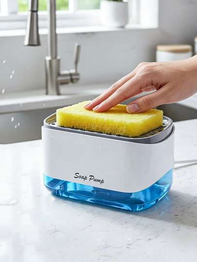 Kitchen Soap Dispenser Sponge Holder, Dishwashing Liquid Dispenser With Sponge, Plastic Sink Organizer Tray, Compact Countertop Storage Box With Drainage Tray, Kitchen Accessories