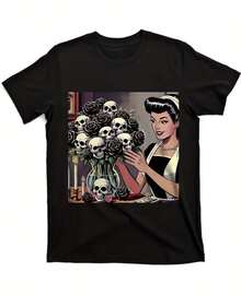 Vintage Gothic Art T-Shirt For Women - Skull & Rose Design, Black Cotton Crew Neck Shorts, Comfortable Street Style Tee With Skeleton Woman Illustration, Gothic T Shirt - 黑色 - 查看 1