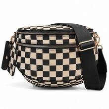 Checkerboard Print 2 - In - 1 Crossbody Bag, 2 - Tone Adjustable Crossbody Waist Pack With Detachable Pouch,Nylon Bum Bags For Women Crossbody,Spacious Sling Bag Purse Fanny Packs With Shoulder Stra, Checkered Design For Women's Casual Wear & Travel Essentials - Black - View 6