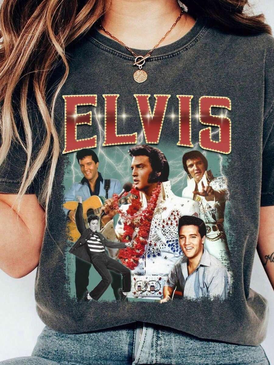 El Vis 90s Vintage Shirt King Of Rock T-Shirt El Vis Pre Sley Tee Music Rock And Roll Gift For Fan Lover - 黑色 - 查看 1