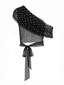 Áo kiểu nữ mới bằng vải chiffon chấm bi mỏng, xếp ly, cổ rủ - Phong cách gợi cảm, thanh lịch cho kỳ nghỉ - màu đen - Xem 10