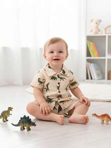 2pcs/Set Cute Baby Boy Summer Dinosaur Printed Shirt And Shorts Casual Outfits