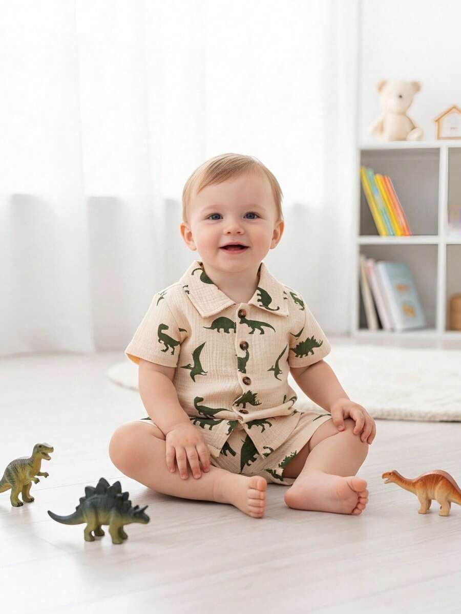 2pcs/Set Cute Baby Boy Summer Dinosaur Printed Shirt And Shorts Casual Outfits