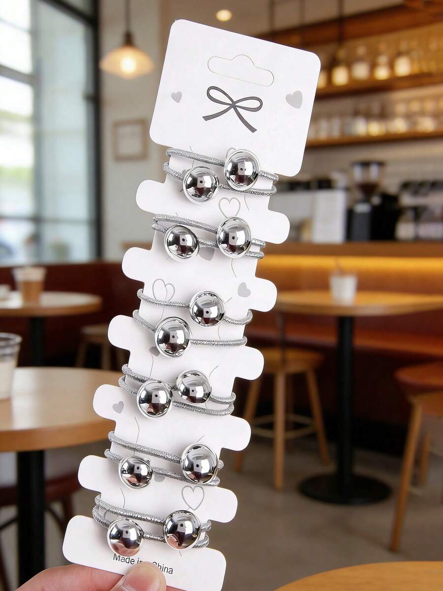 10pcs Girls Silver Polka Dot/Star/Cute Mini High Elastic Hair Ties, Suitable For Everyday Wear - Multicolor - View 1