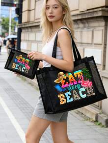 大容量网眼包套装，沙滩手提包，印有“Eat Sleep Beach”字母图案、椰子树和火烈鸟图案，沙滩风格，便携式镂空网眼单肩包，洗漱包，化妆包，化妆品收纳包，可折叠大容量沙滩包，防水防沙，适合海滩度假 - 彩色 - 查看 9
