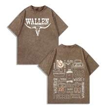 EWH Men Y2K "M Organ Wallen Doodle Collage" Vintage Washed Black Country Music Graphic T-Shirt, 230g 100% Cotton Oversized Tee For Streetwear & Country Fans Gifts 004-AB - 咖啡色 - 查看 1