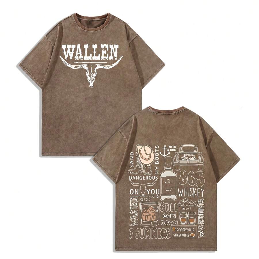 EWH Men Y2K "M Organ Wallen Doodle Collage" Vintage Washed Black Country Music Graphic T-Shirt, 230g 100% Cotton Oversized Tee For Streetwear & Country Fans Gifts 004-AB - 咖啡色 - 查看 1