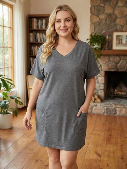 大码女式休闲宽松V领纯色衬衫 - 涤纶面料，中等弹力，短袖，及膝长度，适合春夏穿着，百搭上衣，及膝长度，涤纶面料