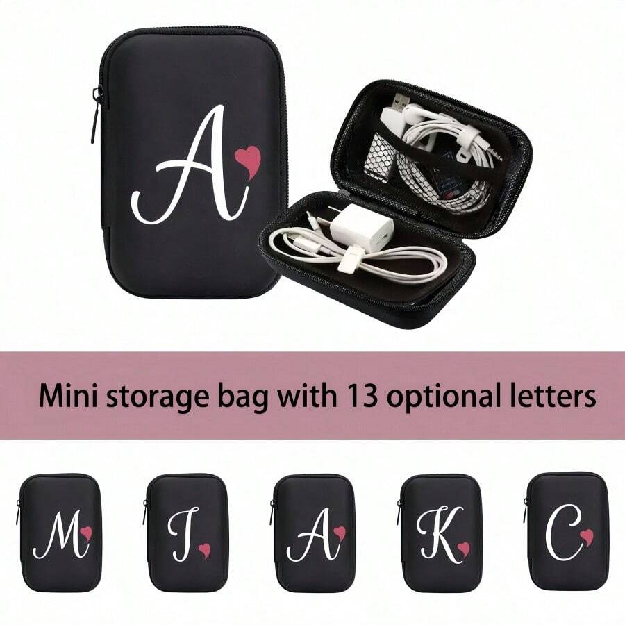 1 Peça Bolsa de Armazenamento de Cabo de Dados com Zíper Preto, Padrão Impresso UV de Coração e 26 Letras Maiúsculas de A a Z, Organizador Portátil para Cabos, Carregadores, Fones de Ouvido, Bolsa Essencial para Viagem