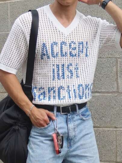 男女通用休闲宽松纯色字母印花V领短袖套头衫，春夏款