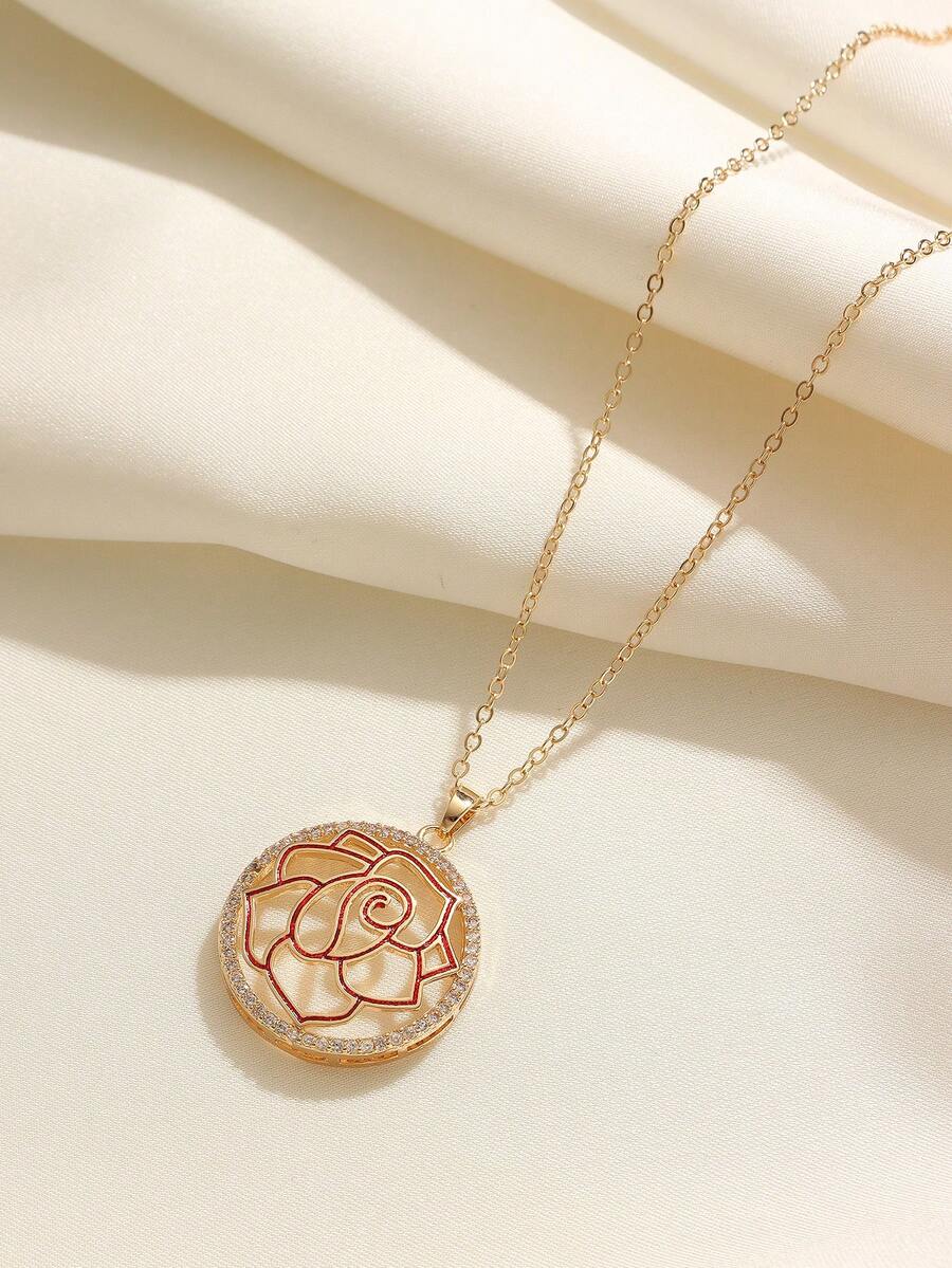 1pc Copper Alloy Zirconia Stone Romantic Rose Hollow Pendant Necklace, Gilded Edge Clavicle Chain, Suitable For Daily Wear And Holiday Gifts - Multicolor - View 1