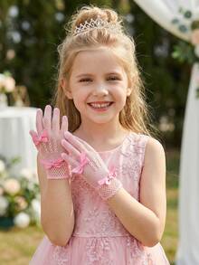 1 par de luvas infantis elásticas com estampa quadriculada e laço decorativo, tamanhos de 4 a 12 anos, rosa. - 1Pair - Ver 6