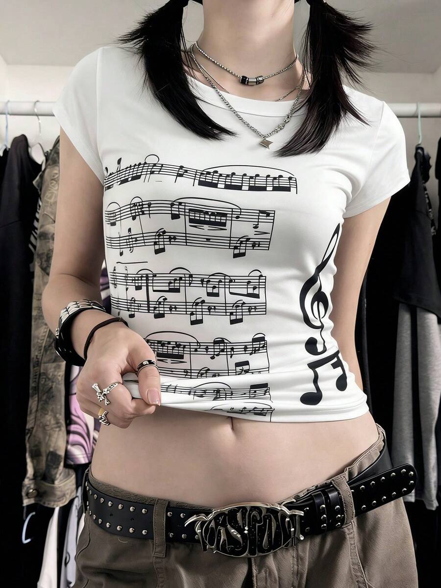 女士 Y2K 朋克风修身 T 恤 - 白色,音符印花,高音谱号细节,休闲夏季款 - 彩色 - 查看 1
