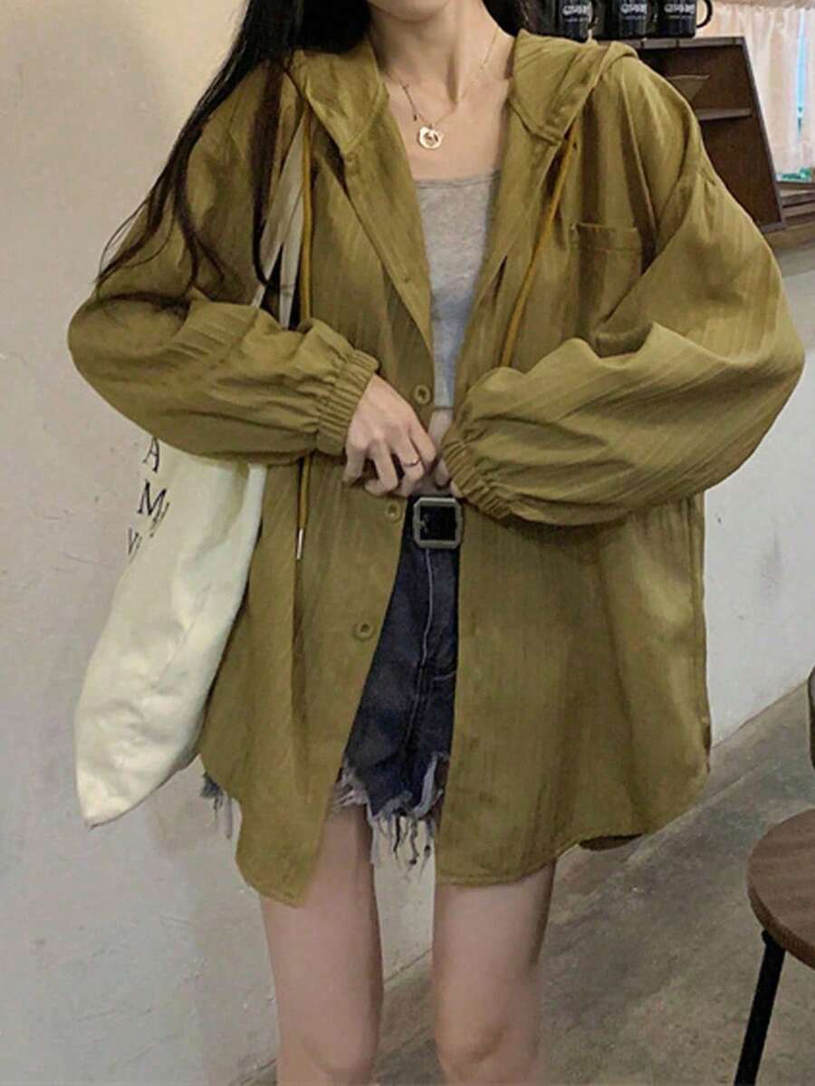 YCYC 休閒純色落肩長袖抽繩連帽寬鬆襯衫 - 軍綠色 - 查看 1
