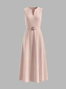 女士轻盈粉色优雅收腰休闲连衣裙，适合日常穿着，春夏皆宜 - 淺粉色 - 查看 2