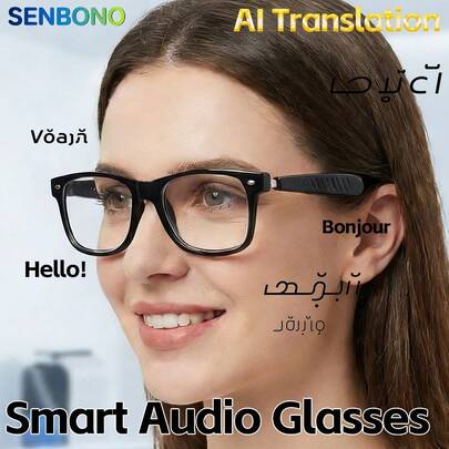  Gafas inteligentes de traducción SENBONO AI, gafas de audio multifuncionales, traductor de conversación, asistente de trabajo, llamadas HD, auriculares con cancelación de ruido y gafas 2 en 1, equipadas con micrófono y altavoces incorporados, compatibles con control de volumen, reproducción de música y llamadas manos libres, adecuadas para ciclismo y viajes