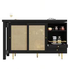 360° Swivel Bar Table (Main Body Dimensions: 107 X 40 X 71.4 Cm), Black Extendable Designer Bar Table, Storage Unit With Rattan Door And Open Shelf, Ideal For Kitchen And Dining Room. - 黑色 - 查看 7