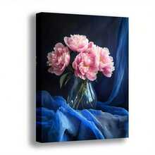 1pc, Pink Peony Floral Canvas Wall Art With Frame Modern Botanical Flower Print Poster For Living Room Bedroom Bathroom Kitchen Dining Room Aesthetic Home Decor Elegant Still Life Ready To Hang Artwork - 彩色 - 查看 1