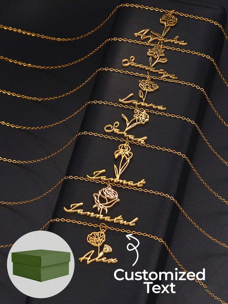 12 Birthday Flowers, Birthday Necklace, Personalized Customized Flowers+Name, 18k Gold Stainless Steel Customized Jewelry Necklace, Comes With Exquisite Gift Box, Used As Birthday Gift Box, Valentine's Day Gift, Commemorative Item. - Gold - View 1