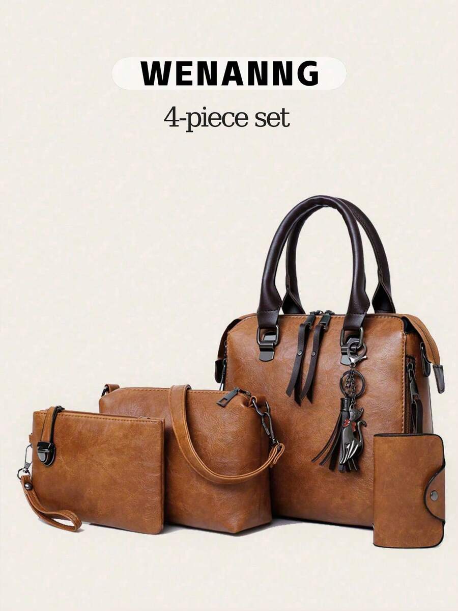 四件套女士大容量手提包套装，包括手提包、单肩包、斜挎包和钱包，可作背包使用，便携，经典休闲/商务休闲风格，适合青少年、女性、大学生、上班族、学生，适用于各种场合。