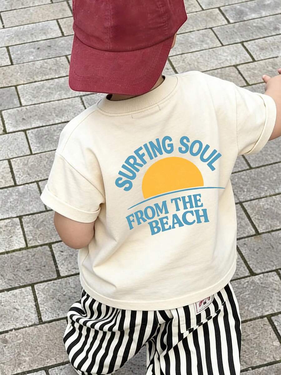 1件婴儿/幼儿男童创意卡通图案字母标语印花基本款圆领短袖T恤，休闲时尚男童服装 - 杏色 - 查看 1