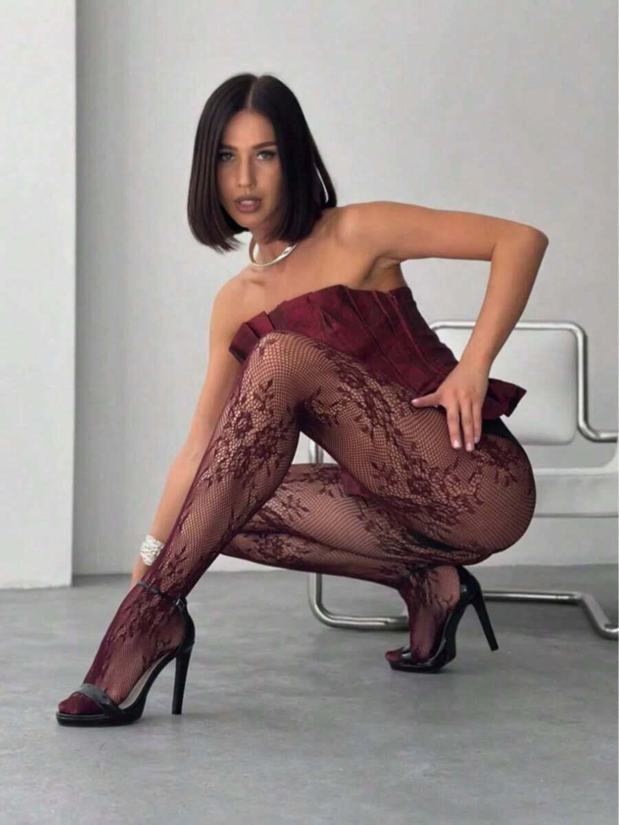 1 Pair Women's Floral Lace Tights/Stockings, Fishnet Stockings, High Waist Slimming Tight Fit, Plus Size, Suitable For Various Occasions For Dress, For Christmas Gift - Cụm hoa đen - Xem 1