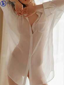 Sexy Solid Color See-Through Shirt, Free Sexy Pajamas, Loose Long-Sleeved Temptation, Retro Style, Geometric Pattern, Lace Detail, Adult , Adult Underwear | Retro Style Shirt | Lace Detail Shirt, Sexy Pajamas - 白色 - 查看 3