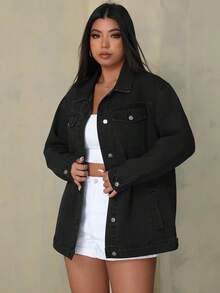 Plus Size Women's Black Stitched Decorative Loose Denim Jacket  Casual    Pocket  Button Front  Button    Holiday  School  Vacation  Home  Birthday Party  Daily    Autumn And Winter  Black Jeans  Lapel Loose Jacket  White Outline Element  Lapel Single-Breasted Retro Casual Jacket - màu đen - Xem 3