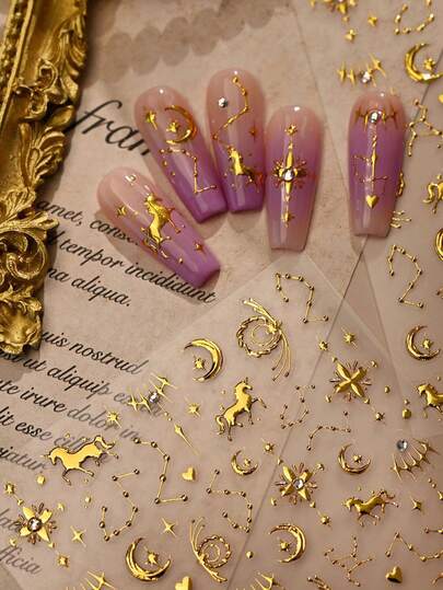 Beautizon Nailartlab 3D独角兽、星星和月亮美甲贴纸，金色自粘美甲贴 DIY美甲