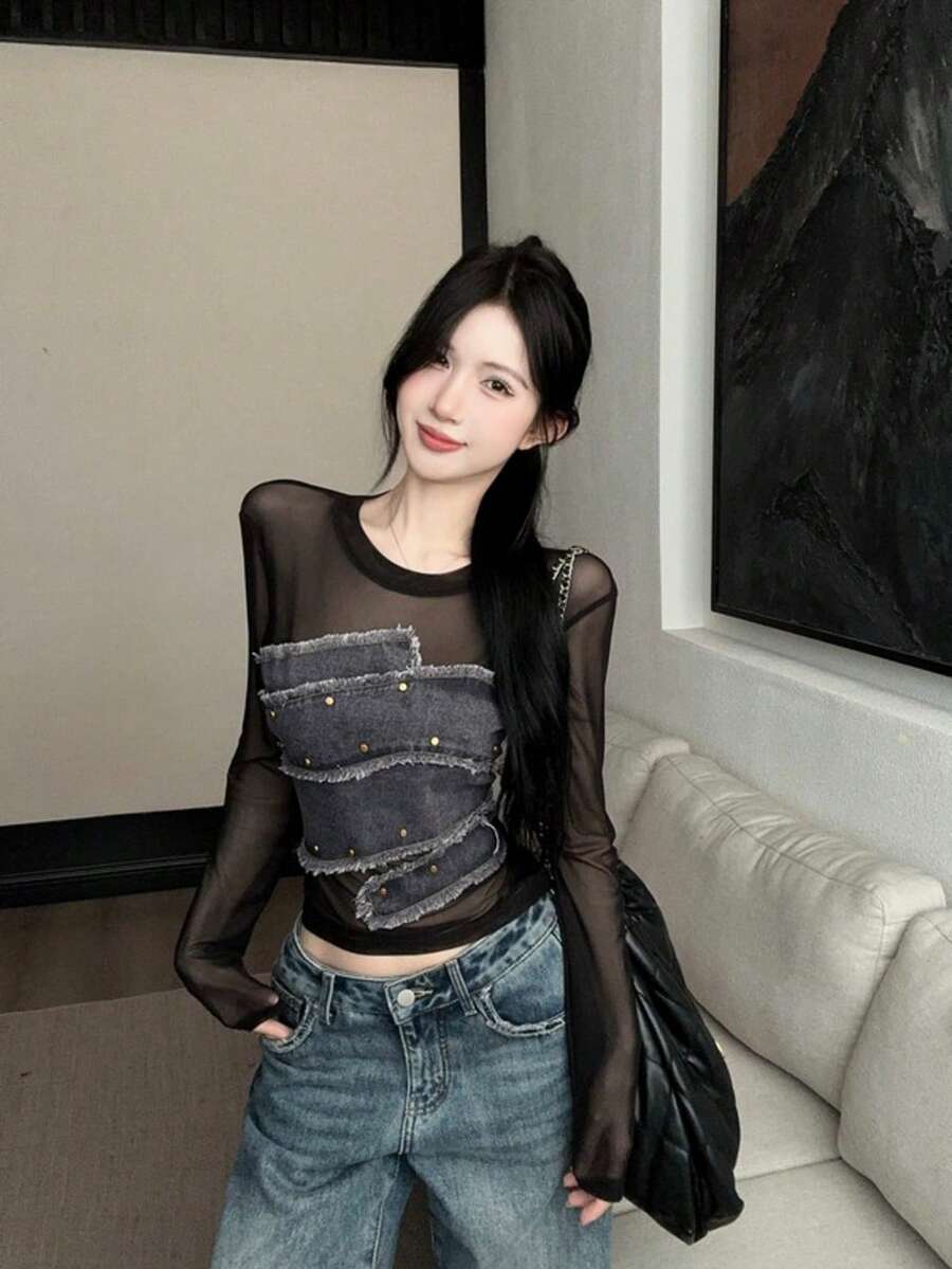 性感设计牛仔铆钉撞色网纱长袖上衣，修身剪裁，春秋季 - 黑灰色 - 查看 1