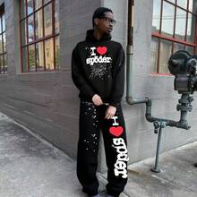 Men's Hooded Sweatshirt And Pants Set Stylish Letter Print Spider Couple Hoodie Fashion American Sports Casual Outfit Essential Activewear - màu đen - Xem 1