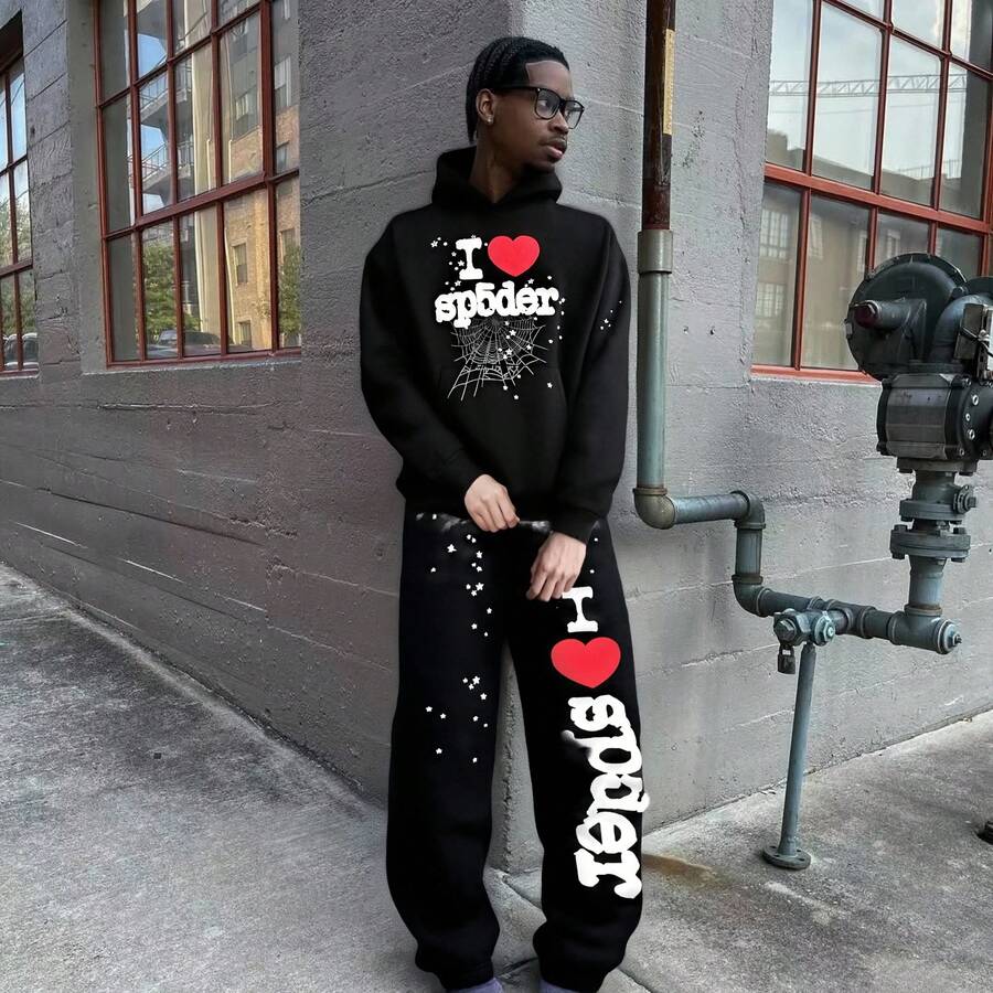 Men's Hooded Sweatshirt And Pants Set Stylish Letter Print Spider Couple Hoodie Fashion American Sports Casual Outfit Essential Activewear - màu đen - Xem 1