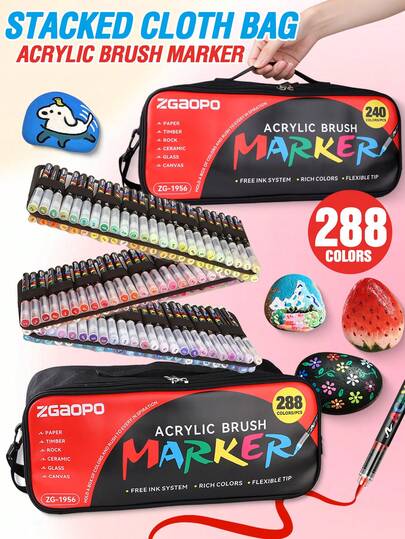 12支装，366色直涂式丙烯颜料马克笔套装，带收纳袋，速干不褪色，适用于绘画、插画、手工制作、学校用品、涂色书及其他DIY项目，可在纸张、布料、木材、石头、塑料、玻璃、陶瓷、南瓜、金属等多种材质上作画，是复活节、感恩节、万圣节、圣诞节的理想礼物。