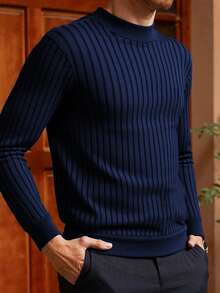 HUODA Men's Loose Thin Casual Ribbed Knit Sweater, Half-High Collar, Minimalist & Fashionable, Suitable For Daily Wear - Navy Blue - View 1