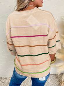 Acelitt Colorblock Striped 3/4 Sleeve Off Shoulder Casual Knit Top, Suitable For All Seasons - Apricot - View 2