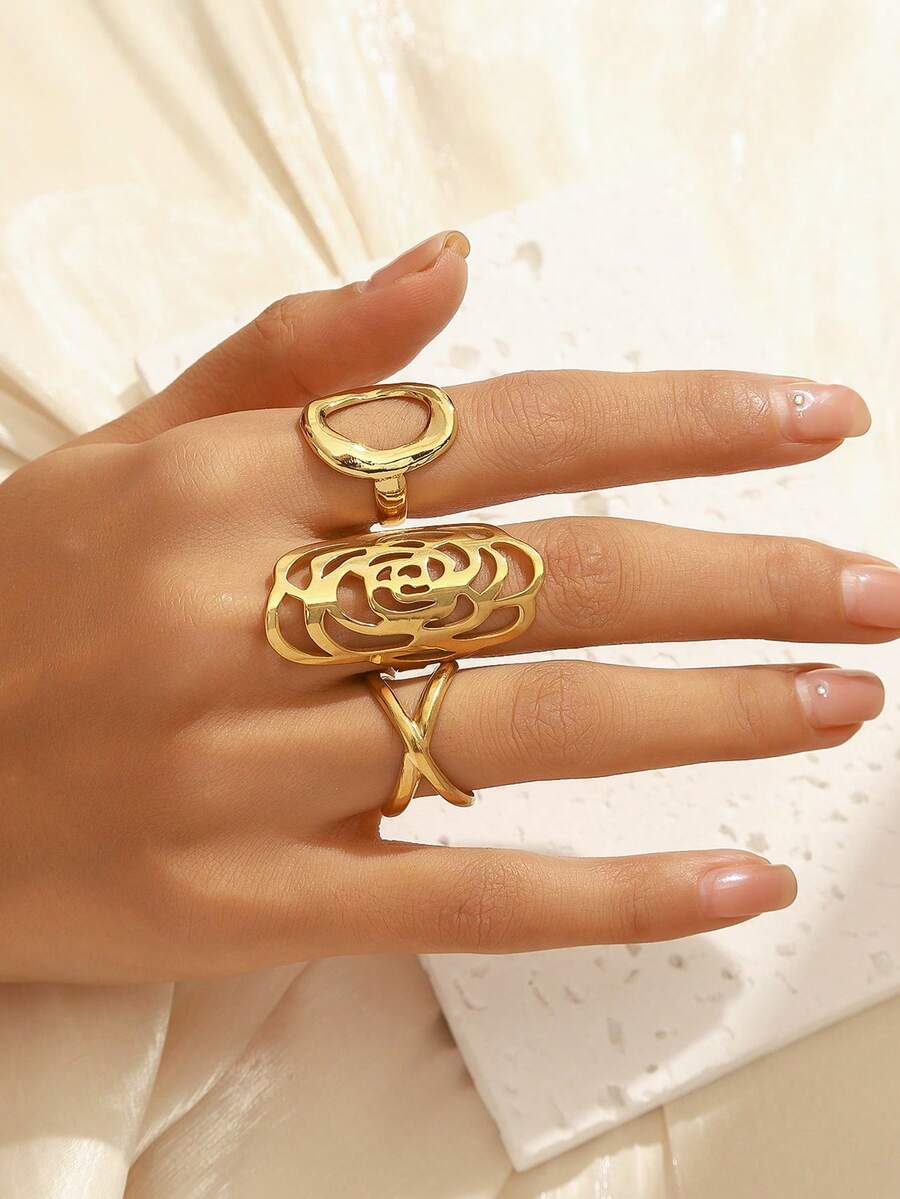 Vintage Elegant Gold Tone Ring Set - Hollow Camellia Flower + Asymmetrical Oval + Intersecting Line Design Rings, Women Daily Commute Party Stackable Jewelry - Gold - View 1