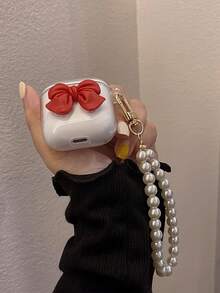 Red Bow Transparent Earphone Protective Case + Pearl Hanging Chain, Compatible With Apple 1/2/3/Pro, Anti-Drop Anti-Scratch, Sweet Style Earphone Case Set - Multicolor - View 2