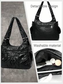 1pc Vintage Large Capacity Handbag, Vintage PU Shoulder Messenger Bag, Women Casual Tote Bag And Wallet - 黑色 - 查看 9