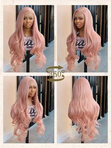 女士圣诞装饰圣诞礼物假发 13X6 蕾丝前额合成纤维假发 28 英寸浅红色波浪超长假发带婴儿发耐热全机器制作适合日常聚会高品质自然美丽柔软逼真纤维假发 - 淺粉色 - 查看 6