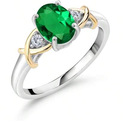 Gem Stone King 10K Yellow Gold and 925 Silver Oval Gemstone Birthstone Lab Grown Engagement Ring Women Crossover Wedding Anniversary Promise Ring