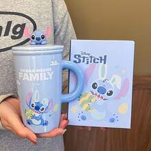 Disney 1pc Stitch Ceramic Mug With Dust Cover, Large Capacity Cartoon Cute Couple Gift For Office - Multicolor - View 7